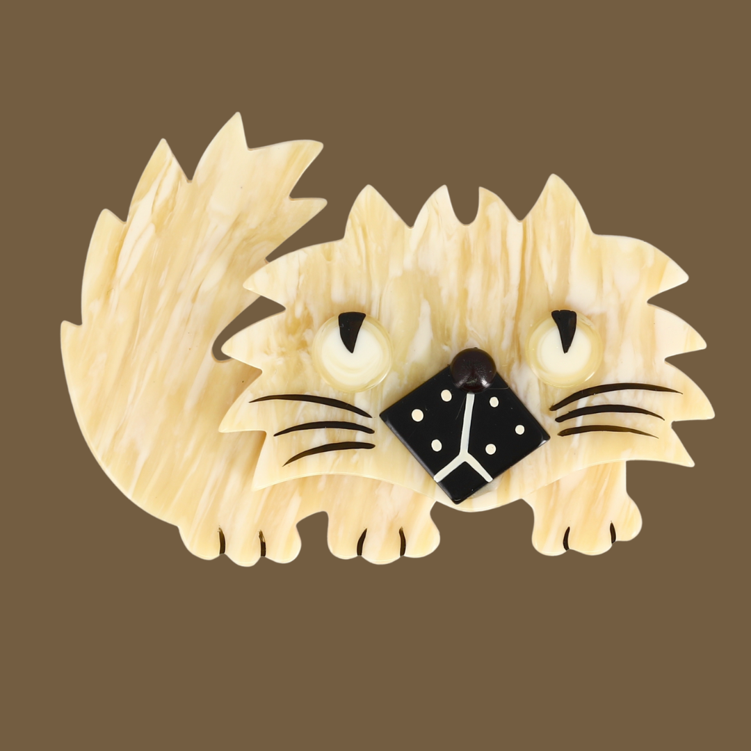 Cream White and Black Rocky Cat Brooch