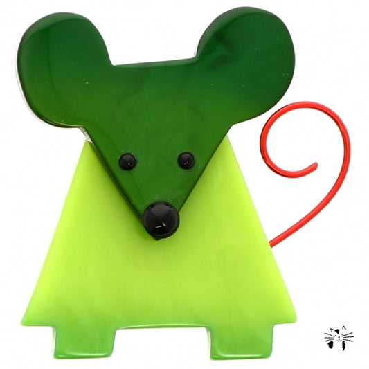 Green Craquotte Mouse Brooch in galalith