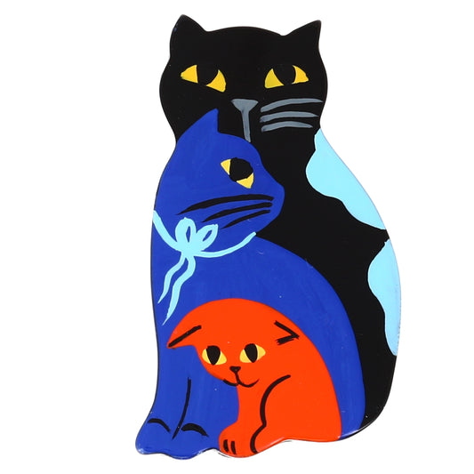 Black Blue and Orange Family Cat Brooch in galalith