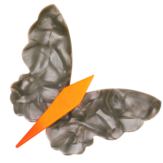 Large crumpled beige and orange butterfly brooch in galalith (casein)