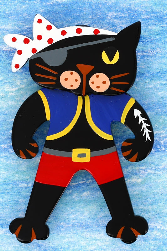 Cobalt Pirate Cat Brooch with white bandana (large one)