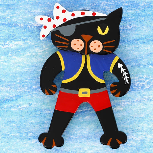 Cobalt Pirate Cat Brooch with white bandana (little one)