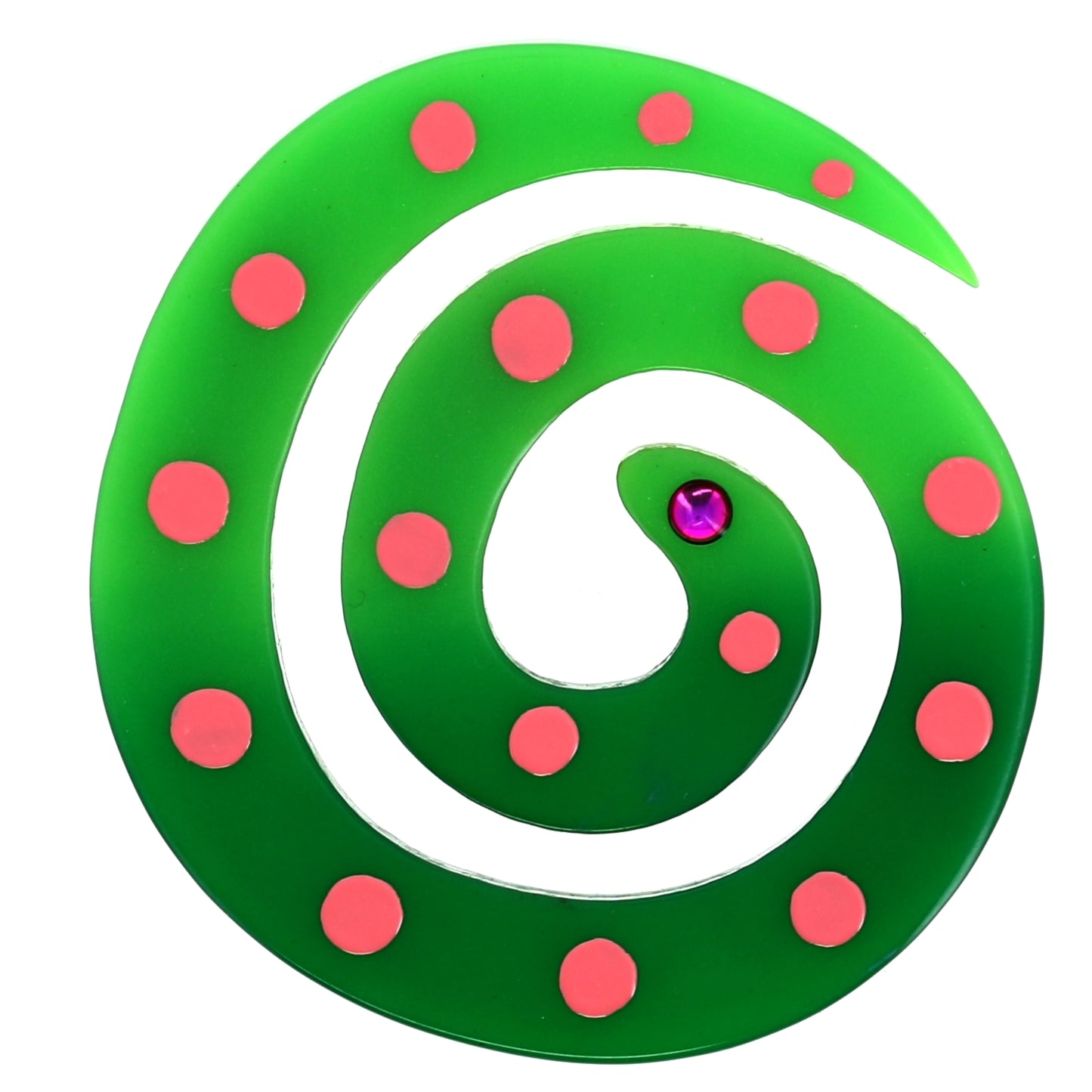 Green Coiled Snake with Pink Dots Brooch in galalith