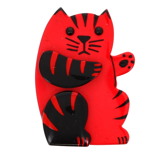 Red and Back Sitting Tabby Cat Brooch in galalith